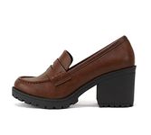 Soda “Kinder” ~ Women Slip On Chunky Mid Heel Lug Sole Penny Loafer Shoe, Cognac Pu, 5.5 UK