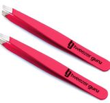 Tweezer Guru Slant Eyebrow Tweezers for Women & Men - 2pc Precision Tweezers for Eyebrows, Facial Hair & Ingrown Hair Removal - Stainless Steel (Bright Pink)