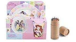 Princess Cartoon Character Dinner Tableware Set 5pcs Plate, Bowl, Cup & Cutlery, BPA Free re-usable Plastic Microwave Safe Includes Half Size 12pcs Pencil Set (Princess)