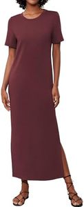 Casly Lamiit Women's Short Sleeve Double Split Maxi Dress 2024 Summer Casual Plain Striped Loose T Shirt Long Dresses, Wine Red, X-Small