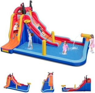 GOPLUS Grand Château Gonflable avec Toboggan, Panier de Basket, Murs d’Escalade et Piscine, Maison Gonflable avec Gamme Complète d'Accessoires, Parc Aquatique pour Enfants de 3 à 10 Ans