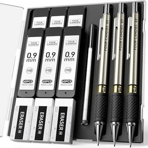 Four Candies Metal Mechanical Pencil Set - 3PCS 0.9mm Art Mechanical Pencils & 360PCS HB Lead Refills & 3PCS Erasers & 9PCS Eraser Refills, Drawing Mechanical Pencils for Writing, Sketching/With Case