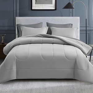 Maple&Stone Queen Size Comforter Set 7 Pieces Bed in a Bag - Down Alternative Bed Set with Sheets, Pillowcases & Shams, Soft Reversible Duvet Insert,Light Grey
