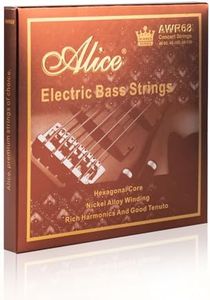 Alice Bass Guitar String 4 Strings Set, Hexagonal Core with Nickel Alloy Winding, 045-105 Medium Gauge, Saturated & Warm