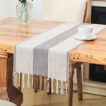 Rustic Farmhouse Table Runner 48 Iches Long Burlap Style 13“ x 48", Handmade Braided Table Runner with Tassels for Dining Party Holiday(Khaki)