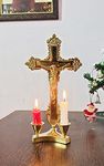 Amishi Blissful Decors Brass Lord Jesus Christ on Cross Idol Crucifix Cross with Statue Christian Cross with 2 Candle Stand Christmas Decor(12cm*8cm*20cm)