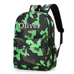 Varsany Personalised Camo Green Kids Backpack With Side Bottle Holder - Water-Resistant Rucksack And Zip Pockets