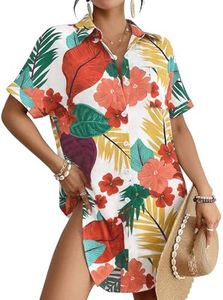 Bsubseach Women Swimsuit Coverup Shirt Dress Button Down Bathing Suit Cover Up Beach Vacation Outfits Tropical Plants White XXL