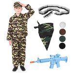 BOYS ARMY FANCY DRESS OUTFIT WITH FACEPAINTS + BULLET BELT + BANDANA + TOY GUN. CHILDS COMBAT SOLDIER COSTUME. CHILDS MILITARY UNIFORM. SIZE: MEDIUM