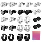 ONESING 12 Pairs Mens Earrings Stainless Steel Earrings for Men Stud Earrings Black Hoop Earrings Silver Flat Back Earrings Hypoallergenic Earrings Set Piercings Jewelry for Men Women