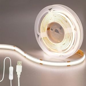 Clearhill 5V USB COB LED Strip Lights with Switch,6.56FT/2M,Natural White 4000K,320LEDs/M,8mm Width,Not Waterproof IP20,1M USB Cable,for DIY Home Indoor Decoration