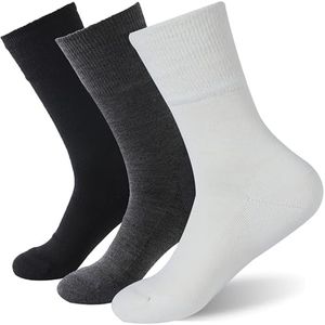 Forcool Merino Wool Crew Diabetic Socks, Loose Top Extra Wide Non-Binding and Cushioned for Men and Women, Black Grey Beige, X-Large, 3 Pairs