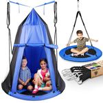 SereneLife 40" Kids Hanging Tent Swing, Outdoor Saucer Swing with Hang Kit and Swinging Swivel Spinner (Blue)