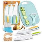 Fuyamp 7 Pcs Childrens Safety Knives Kitchen Safety Knives for Kids,Children's Cooking Knives in 3 Sizes/Wooden Kids Knife/Crinkle Cutter/Kid Cutting Board/Y-Peeler for Vegetables,Fruits,Cake(Blue)