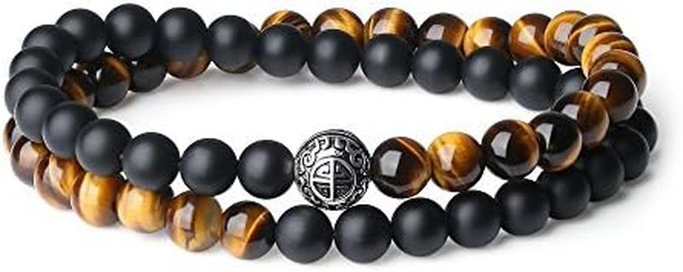 COAI Double Layer 925 Sterling Silver ‘Asia Blessing' Bead Onyx Tigers Eye Stone Bracelet, One Size, Stone, onyx & brown tiger eye