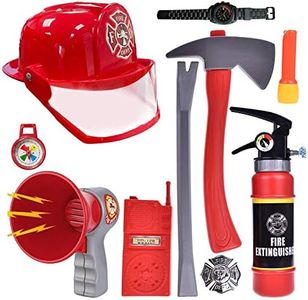 10 PCs Fireman Gear Firefighter Costume Role Play Career Dress Up Starter Toy Accessories Pretend Play Set with Helmet, Tools for Kids, Toddlers