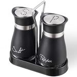 Lonffery Salt and Pepper Shakers Set, Stainless Steel with Glass Bottle for Table, RV, Camp, BBQ, Set of 2, Black
