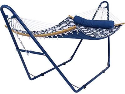 Sunnydaze Curved Spreader Bar Quilted Hammock with Blue Universal Steel Stand - 450-Pound Capacity - Gray and Blue Octagon