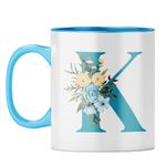 YuBingo Floral Monogram Mug - Initial K Design, Light Blue Inner & Handle (Light Blue Inner & Handle, Tea Cup, 310ML)