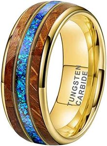 TUTISS 8mm Tungsten Rings for Men Women Engagement Wedding Bands Whisky Barrel Wood Guitar String Blue Opal Inlay Domed Polished Comfort Fit, Non-Precious Metal, No Gemstone