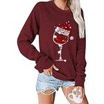 Fuyxxmer Womens Christmas Sweatshirt Red Wine Glass Santa Hat Graphic Sweater Long Sleeve Xmas Gift Pullover Blouse Tops