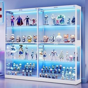 AMERLIFE RGB Display Cabinet with Adjustable Glass Shelves, 4-Tier Storage Case with LED Lights & Press-to-Open Doors, Modern Display Shelf for Collectibles, White 70" H×75" L×16" D