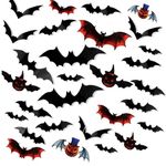 93PCS Halloween Bats Decoration, 7 Different Sizes 3D Bats Wall Decor Reusable PVC Black and Red Scary Bat Sticker for Halloween Party Supplies Creepy Home Bathroom Decor