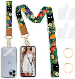Yonlevres Phone Lanyard Crossbody with Wrist Strap, Flower Cat Cell Phone Lanyards for around the Neck Wristlet Adjustable Strap Cute for Keys Case ID Badges Accessories