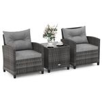 ORALNER Patio Furniture, 3 Pieces Outdoor Wicker Conversation Set Chairs with Soft Cushions and Glass Coffee Table, Rattan Bistro Set for Balcony Garden Deck Front Porch Poolside (Grey)