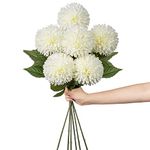 4'' Large Artificial Chrysanthemum Flowers with 24.7'' Long Stem, 6 pcs White Fake Silk Flowers Faux Ball Flowers for Home Decor, Bridal, Wedding, Party, Garden, Floral Arrangement