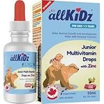 allKiDz Junior Multivitamin Drops with Zinc for Toddlers Kids Children 1-3 Years, Liquid Supplement Vitamin A, B, C, D3 and Zinc for Immune Health, Made with Natural Fruit Juices with No Added Sugar or Sugar Alcohol, 50 mL = 50 Days