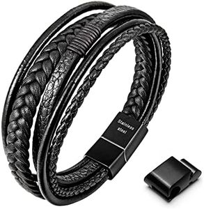 Speroto Mens Bracelet, Adjustable Premium Leather Bracelet for Men/Women in Black/Brown, Stainless Steel Magnetic Clasp, Multi-Layer Braided Genuine Leather Bracelet Gift Idea (Black Style B, 20cm)