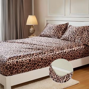 MR&HM Satin Fitted Sheet King Size, Silky Bottom Sheet with Elastic Corner Straps, Deep Pocket up to 15 Inch, No More Slipping Off for Mattress - 1 Fitted Sheet Only (Brown Leopard)