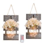 HOMKO Mason Jar Wall Decor with 6-Hour Timer LED Lights and Flowers - Rustic Home Decor (Set of 2)