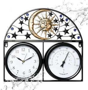 Lily's Home Outdoor 17'' Wall Clock and Thermometer - Waterproof Metal Construction for Patio, Pool and Deck - Large Numerals for Easy Readability – 7’’ Dia - Home Decor for Garden, Porch, Balcony