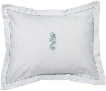 Boudoir Pillow Cover, Cotton Percale, Embroidered, Made in South Africa, Elegant Decorative Pillow Covers for Bed and Living Room, Embroidered Coastal Designs, Seahorse (Aqua)