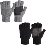 MAYLISACC Winter 2 Pairs Knit Fingerless Gloves Half Finger for Men with Leather Grip for Texting Typing (Black & Grey)