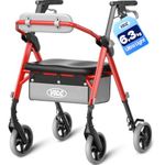 VOCIC Z12 Ultra Lightweight Rollator Walker with Seat, Only 6.3kg Aluminum Foldable Walker with Ergo Seat & Backrest, All Terrain Rollator for Senior, Adjustable Height, 5 Year Support(Red)