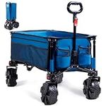 Timber Ridge Camping Trolley Detachable Big Wheels 100kg Capacity Folding Wagon for Outdoor Picnic Garden Beach Shopping, Collapsible Trolley Cart with Adjustable Handle & Drink Holders, Blue