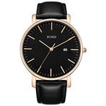 BUREI Men's Fashion Minimalist Wrist Watch Analog Date with Leather Strap (Rose Gold Black)