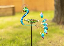 Garden Mile Metal Peacock Glass Bird bath Feeder with Stake Colourful Glass Hand Painted Exotic Bird Bathing Feeding Station Easy to Assemble Garden Decoration Ornamental Stake