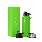 IRON °FLASK Camping & Hiking Hydration Flask, Wide Mouth, 3 Spout Lids, Stainless Steel Outdoor Water Bottle, Double Walled, Insulated Thermos, Metal Canteen - Kiwi Green, 40 Oz