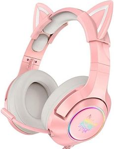 PHNIXGAM Pink Gaming Headset for PS4, PS5, Wired Over-Ear Headphones with Detachable Cat Ears, Noise Cancelling Microphone, RGB Backlight, Surround Sound for PC