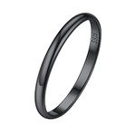 ChicSilver 2MM Thin Simple Black Ring for Women Men Unisex Plain Dome High Polished Sterling Silver Wedding Band Stacking Ring Size 9