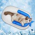 Pawfun Cat Cooling Mat with Soft U-Shaped Pillow– Breathable Calming Bed for Cats Kittens Small Dogs – Portable Washable Summer Cooling Cat Bed for Indoor Or Travel Use Blue Shark