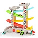 TOP BRIGHT Wooden Car Ramp Toys for 1 2 3 Year Old Boy Gifts Birthday Presents Toddler Race Track Toy with 4 Cars and 3 Car Garages