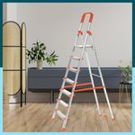 Houza 7 Step Foldable Aluminium Ladder for Home | Ladder with Anti-Slip Shoes | Slip Prevention Steps | Durable, Heavy Duty, Safe, and Stylish | Made in India (Orange)