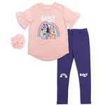 Bluey and Bingo Little Girls 3 Piece Outfit Set: T-Shirt Legging Scrunchy Pink 7-8