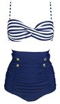 COCOSHIP Navy Blue White High Waist Bikini Set Twist Striped Top Retro Buttons Bathing Suit Ruched Cruise Beach Swimsuit XXL(US12)