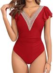 AI'MAGE Women's One Piece Swimsuits Lace Sexy V Neck Bathing Suit Ruffle Cap Sleeve Modest Monokini Swimwear Red L